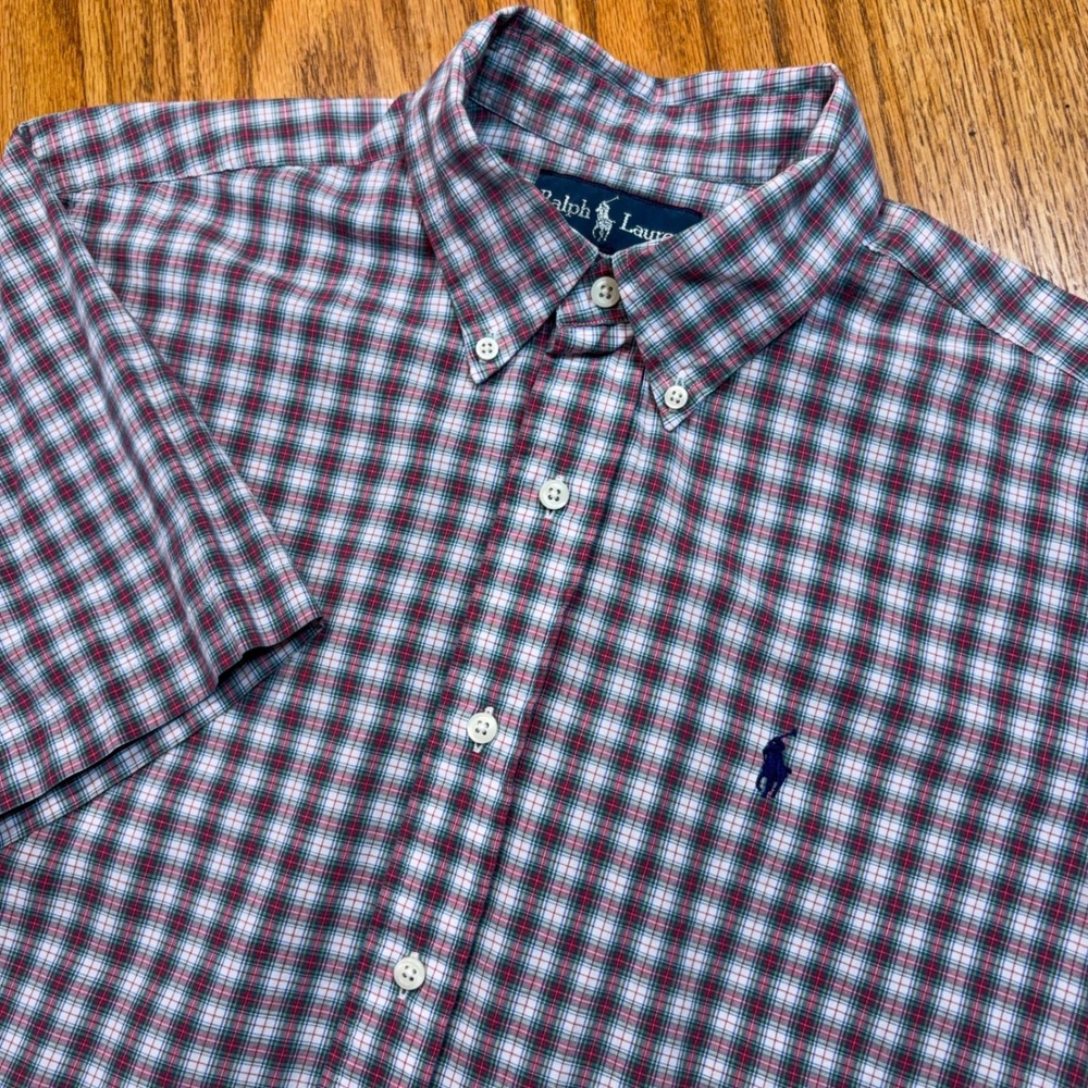 Polo Ralph Lauren Button Down Shirt Mens M Red Green Plaid Classic Short Sleeve